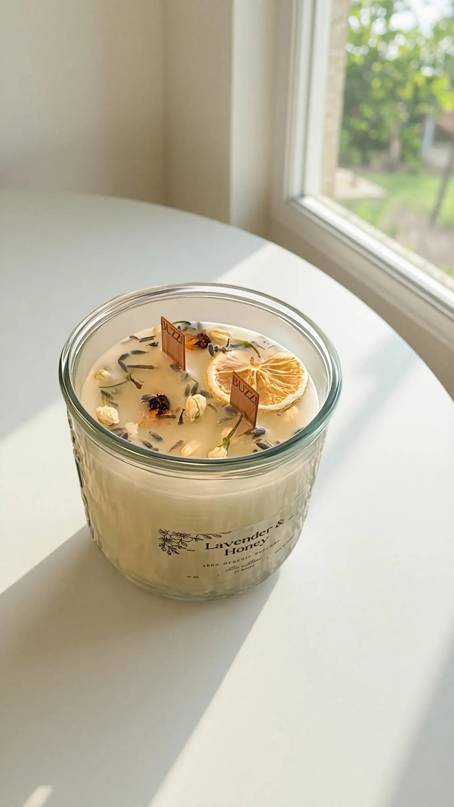 Botanická svíčka Lavender & Honey se sušenými květy a plátkem citrusu
